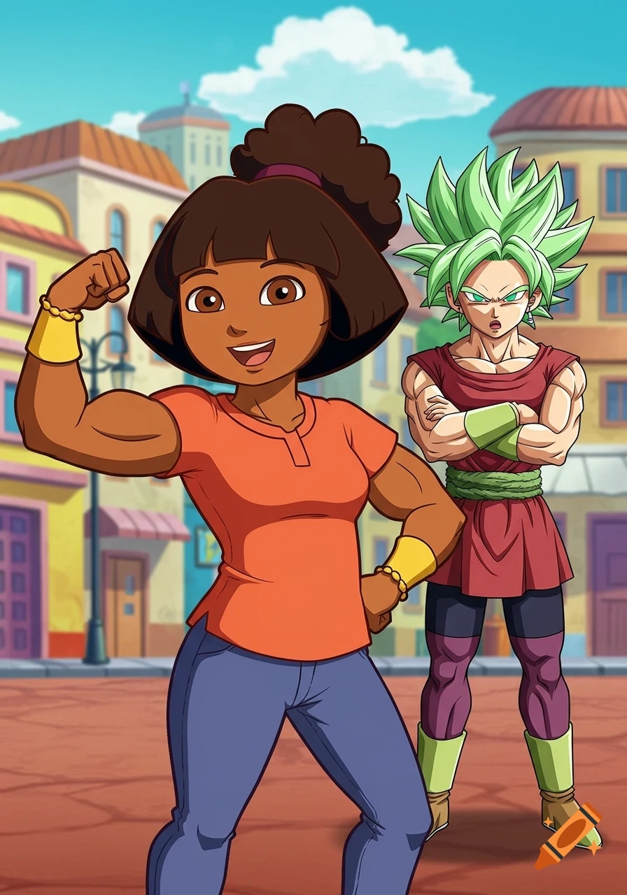 Dora's Mami, a muscular woman in a cartoon style, flexes her bicep in a city street while Kale from Dragon Ball Super looks on.
