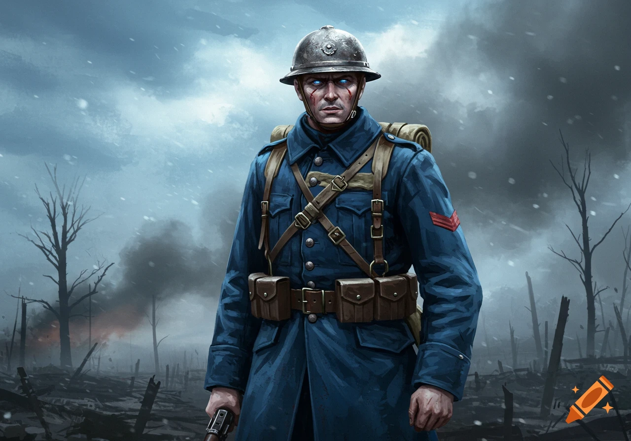 A digital painting of a French WWI soldier with glowing blue eyes, holding a rifle in a snowy, war-torn landscape.