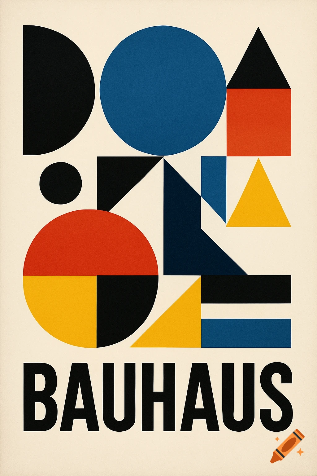 A Bauhaus-style poster with black, blue, red, and yellow geometric shapes and the word 'BAUHAUS' at the bottom.