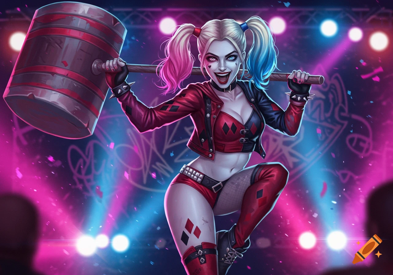 Harley Quinn in a red and black outfit, holding a large hammer, smiling wildly on a stage with pink and blue spotlights.