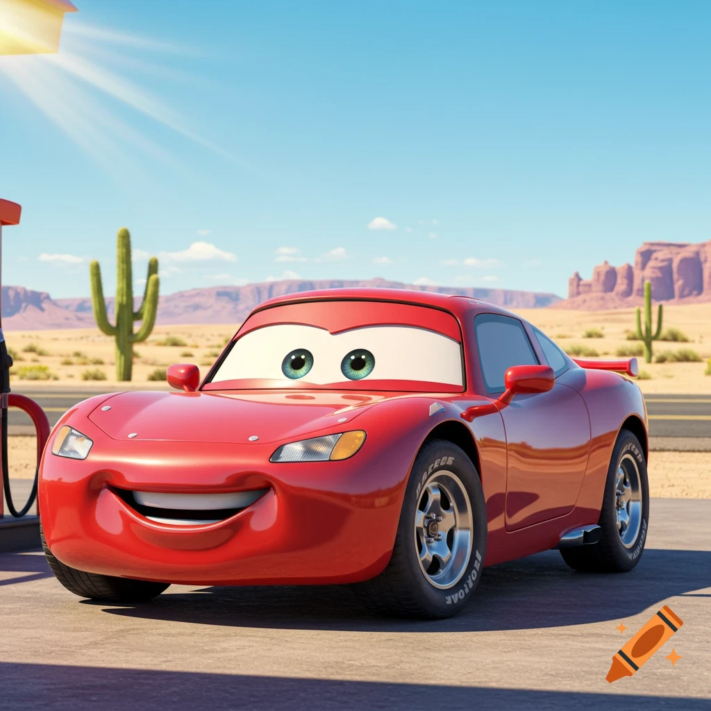 A red animated car with large eyes and a smiling mouth, resembling Lightning McQueen, at a gas pump in a sunny desert landscape.