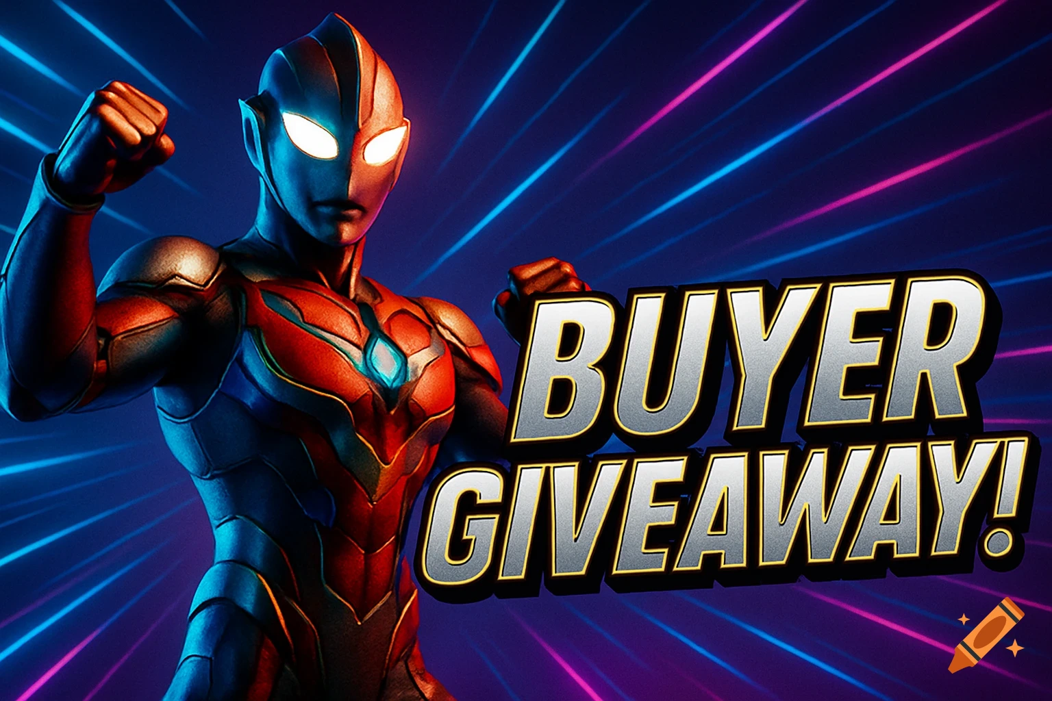 A metallic superhero-like character with glowing eyes, flexing a fist against a background of neon energy lines, with 'BUYER GIVEAWAY!' text.