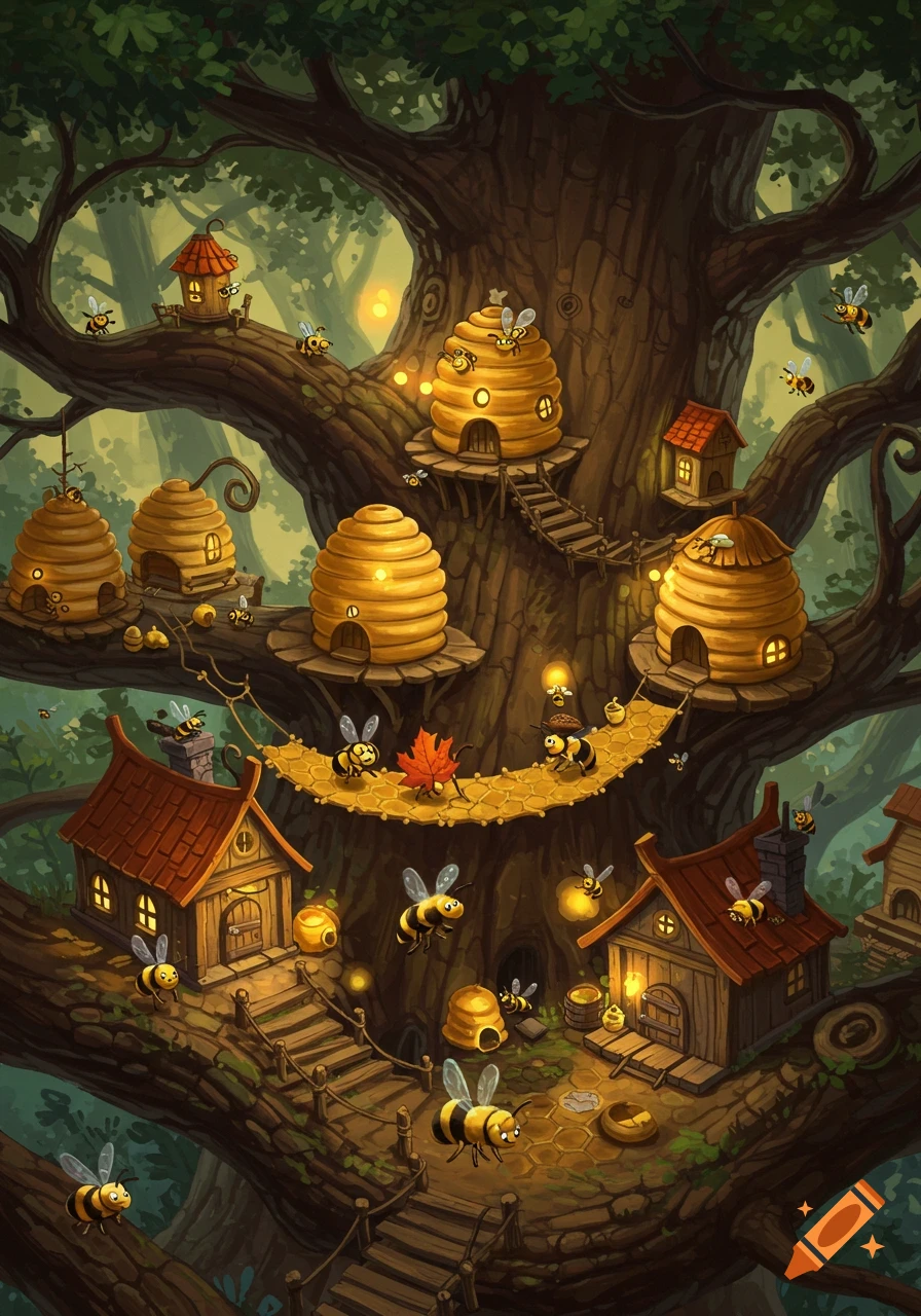 Whimsical illustration of a fantasy bee town built into a large tree with beehives, small houses, and cartoon bees.