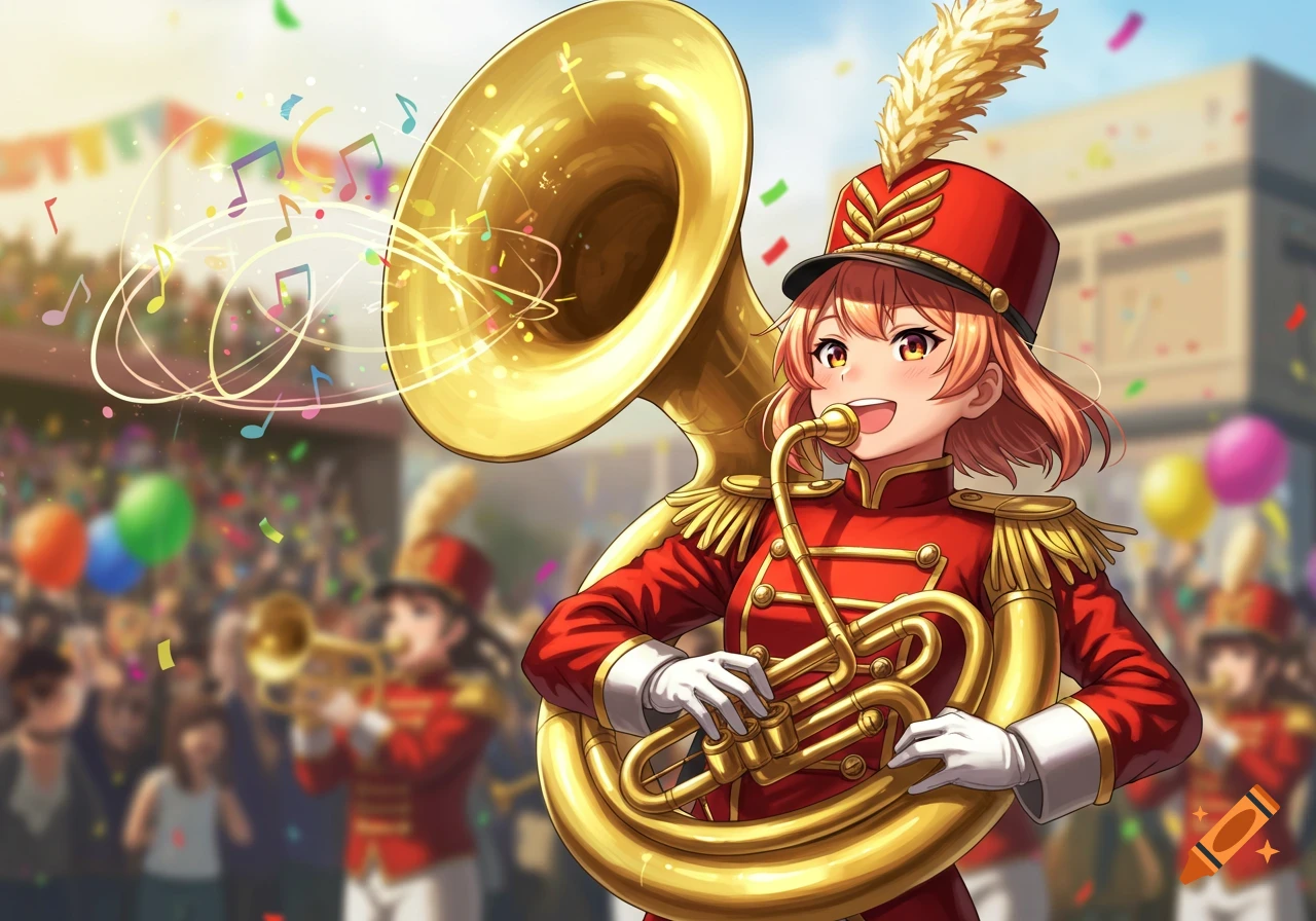 An anime girl in a red marching band uniform joyfully plays a golden sousaphone at a festive parade with confetti.