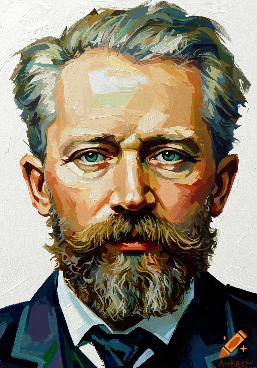 An expressive oil on canvas portrait of Tchaikovsky with a beard and mustache against a white background.