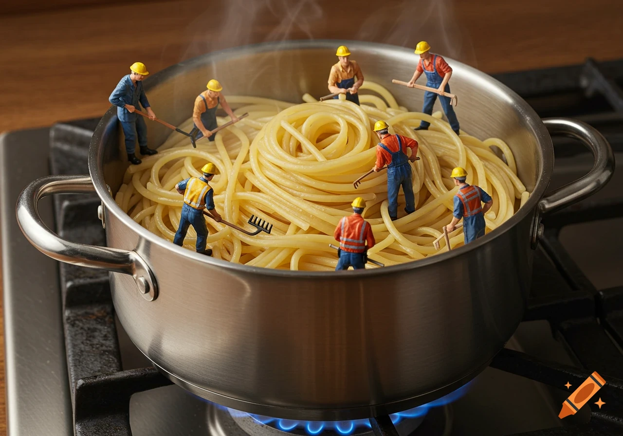 Photorealistic image of tiny construction workers mixing spaghetti in a steaming pot on a gas stove.