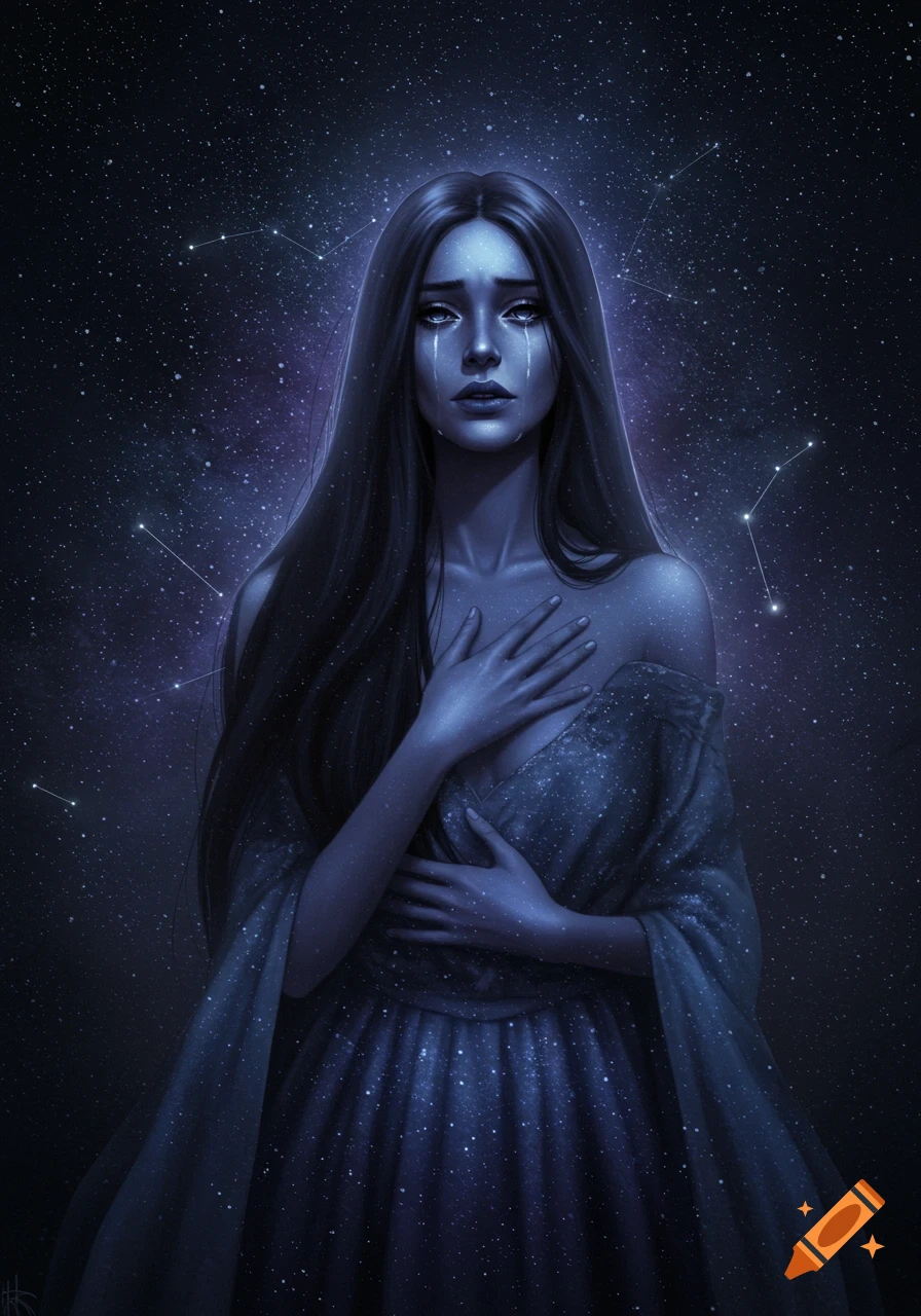 A blue-toned fantasy portrait of a crying goddess with long dark hair and a starry gown, against a cosmic night sky with constellations.