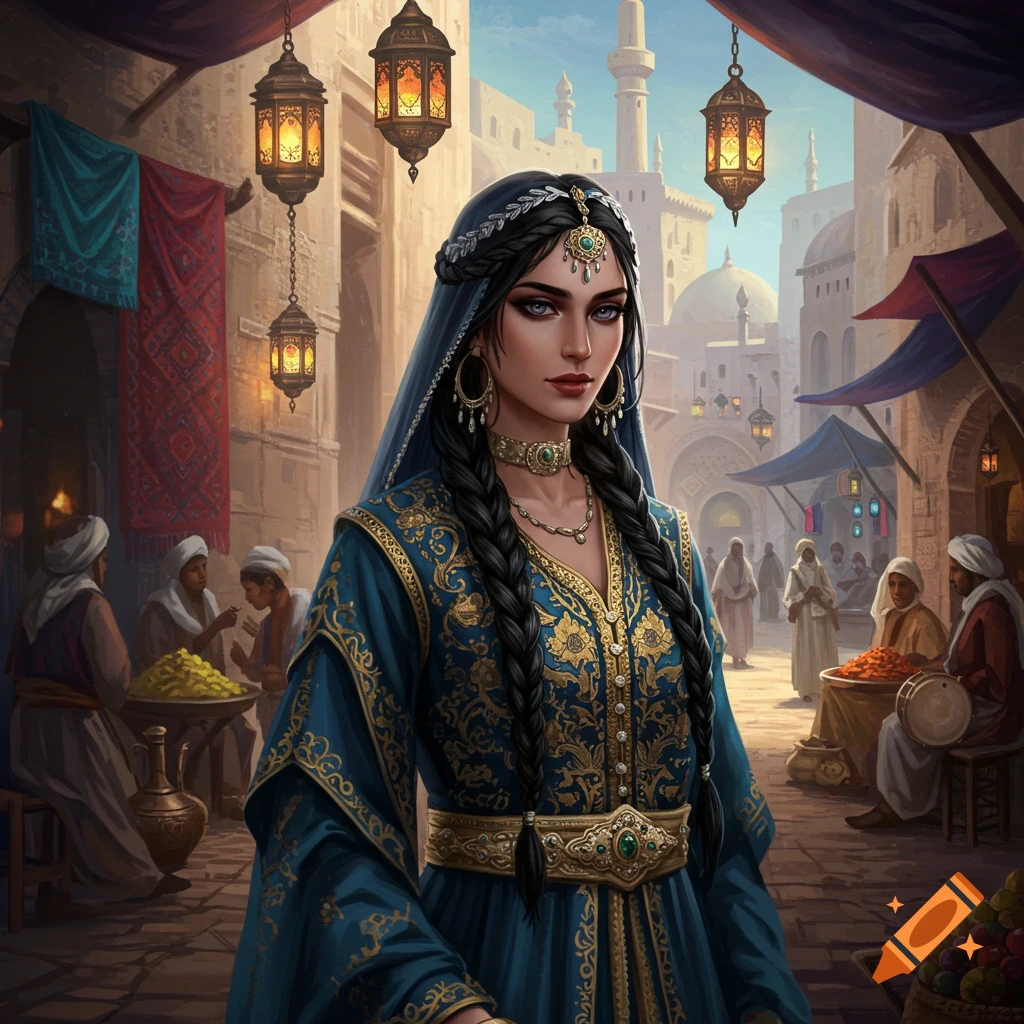 A woman with dark braids, wearing an ornate blue and gold dress and jewelry, stands in a bustling, lantern-lit marketplace.