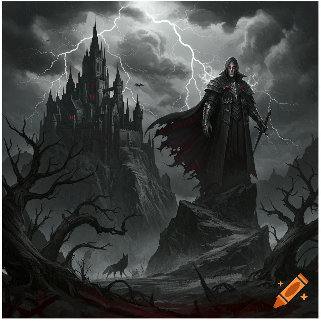 Dark fantasy scene with a vampire-like figure, red-eyed wolf, and gothic castle under stormy lightning.