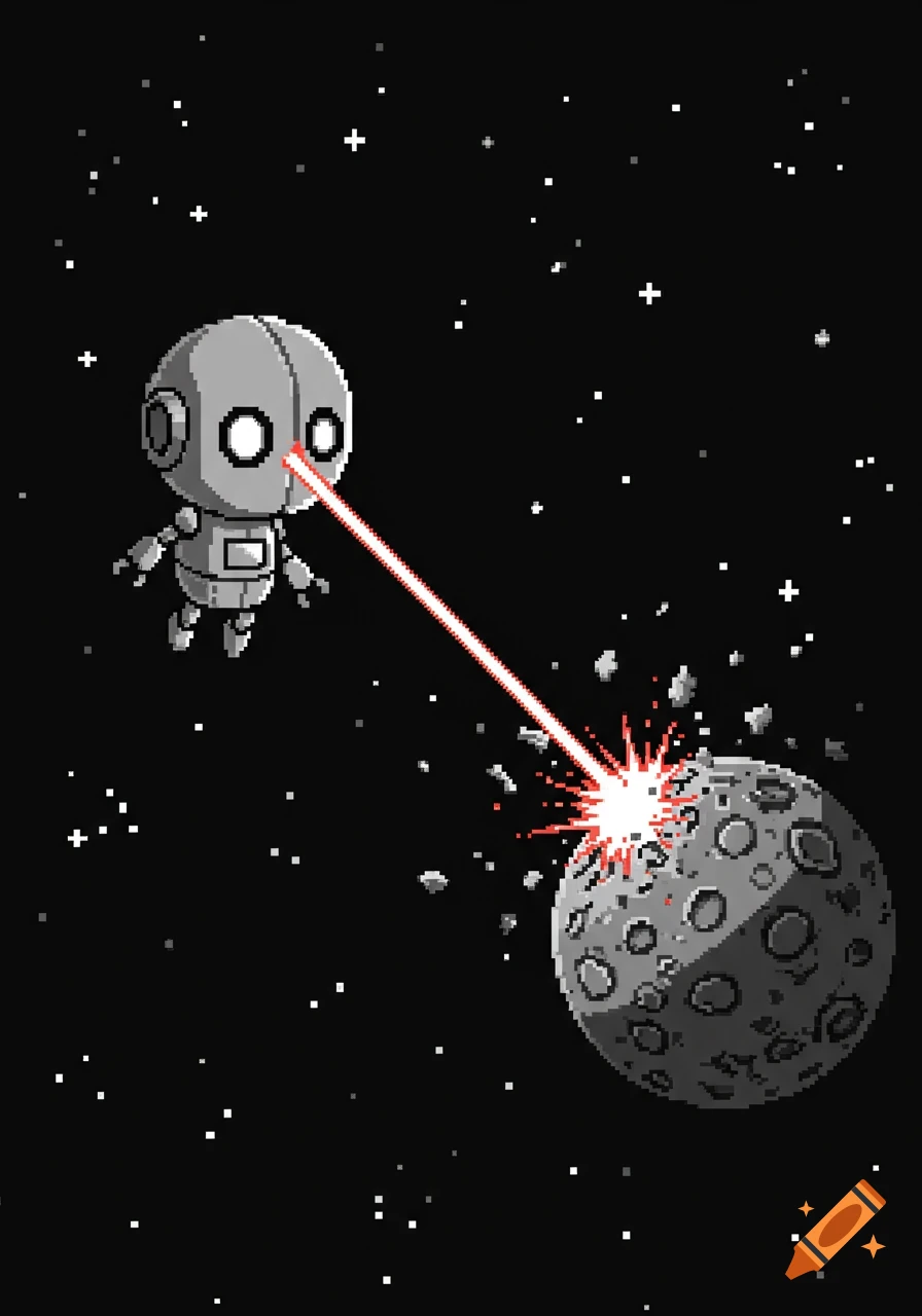 Pixel art of a cute robot in space, shooting a red laser beam at a planet that is exploding.