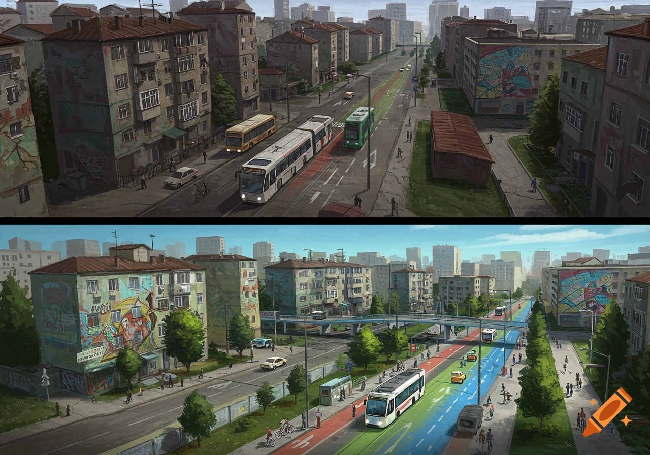 A two-panel illustration of an urban neighborhood. The top panel shows lower accessibility with fewer public transport options. The bottom panel shows higher accessibility with more buses, trams, bike lanes, and pedestrians on a vibrant, colorful street.