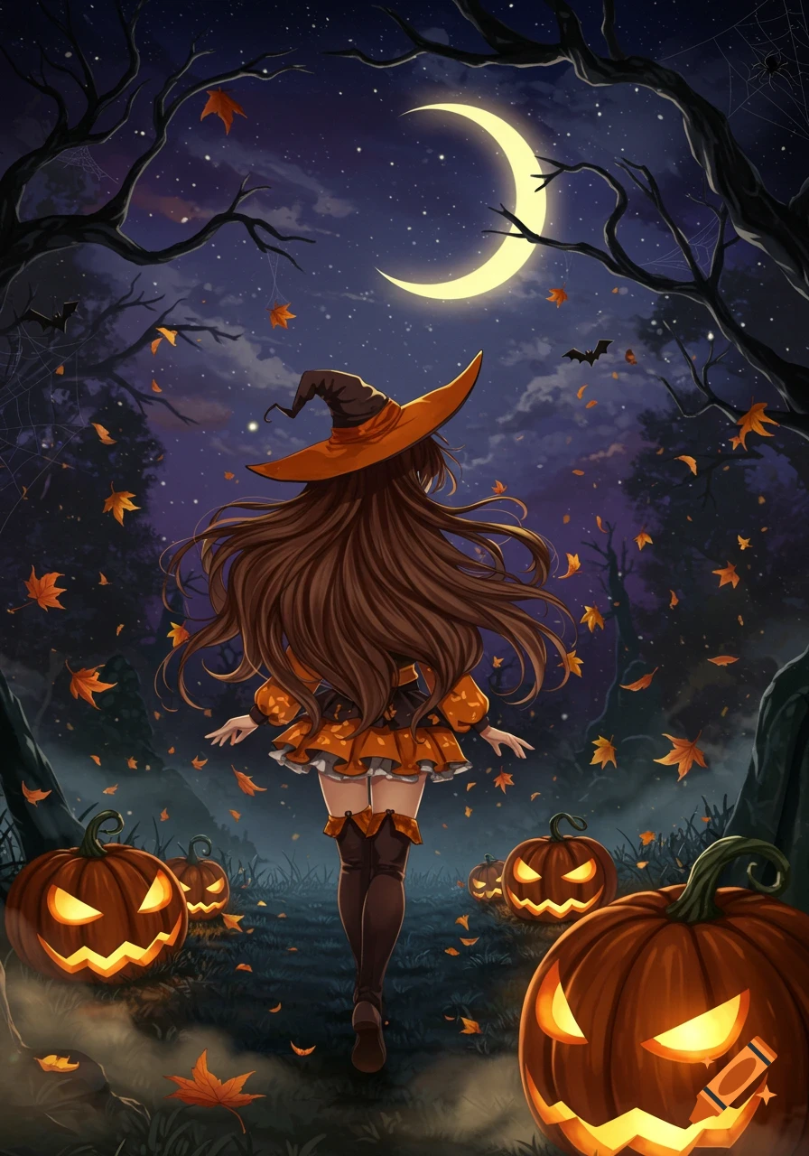 Anime witch with long brown hair, wearing an orange dress and hat, walking in a Halloween forest under a crescent moon with glowing jack-o'-lanterns.