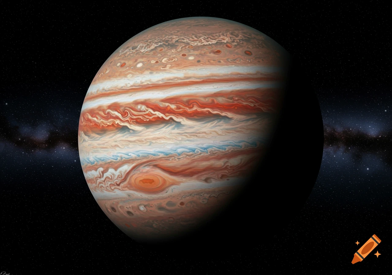 Photorealistic image of Jupiter, a gas giant with swirling orange, white, and red bands, against a starry space background.