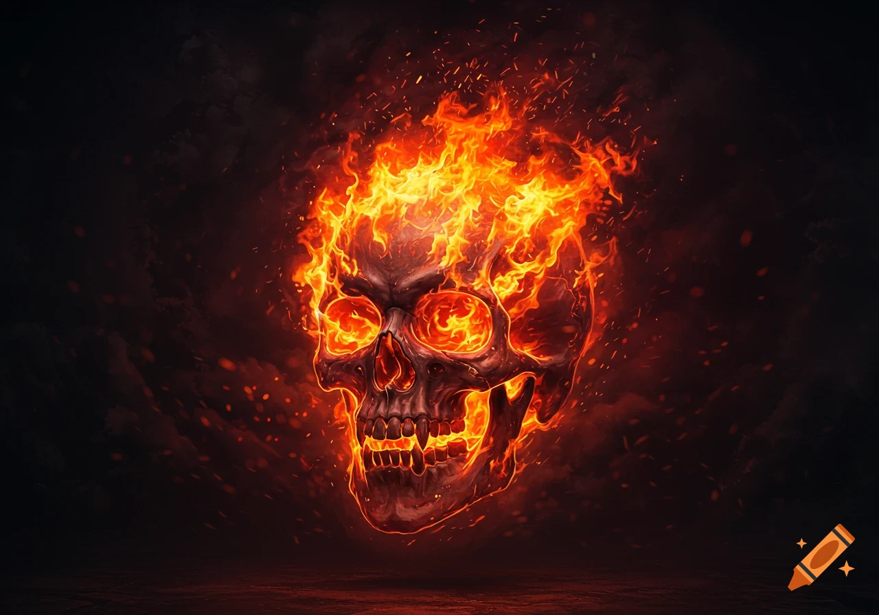 A dark, stylized skull wreathed in bright orange and yellow flames and embers against a smoky background.