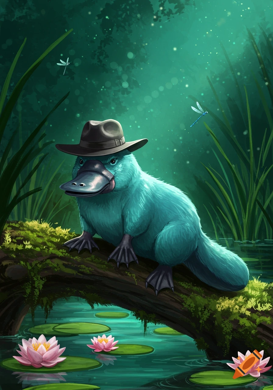 Illustration of a teal platypus in a fedora hat sitting on a mossy log in a pond with pink water lilies and dragonflies.