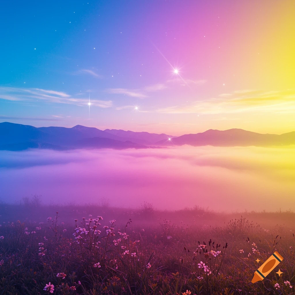 Vibrant mountain landscape with a rainbow sky, misty purple clouds, and pink wildflowers in the foreground.