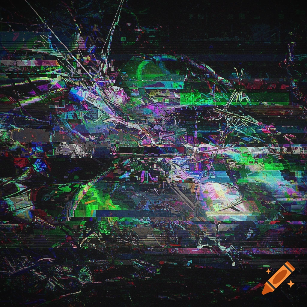 Abstract digital art with a heavy glitch effect, vibrant colors, static, and distorted patterns resembling a flickering bad TV signal.