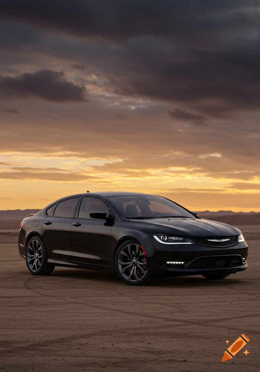 A black sedan is parked on a dirt road in a desert landscape during a dramatic sunset.