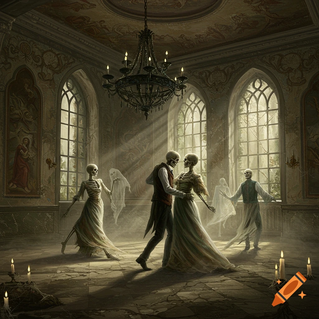 Oil painting of skeletons dancing a waltz in a grand, dilapidated gothic ballroom with tall windows, under a chandelier.