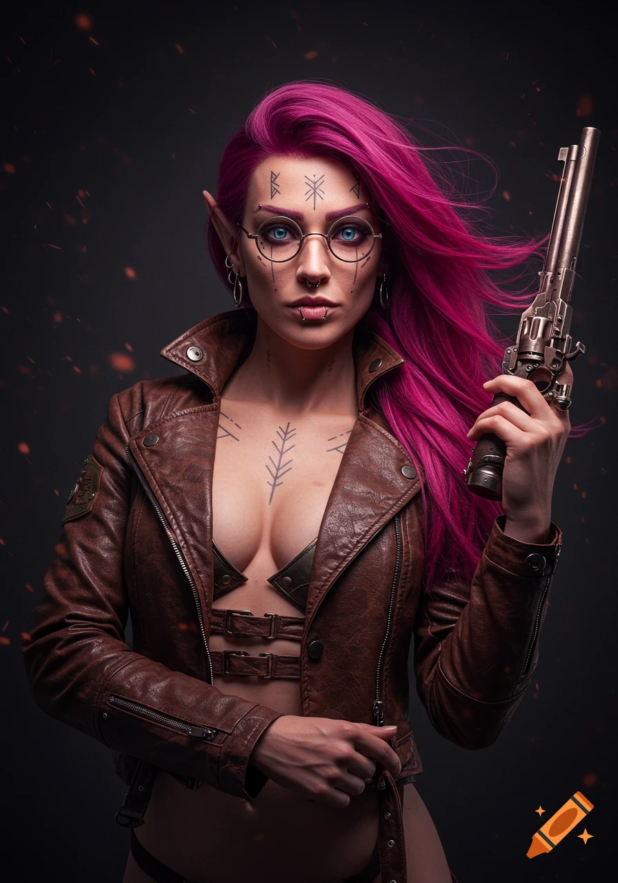 A female elf with bright pink hair, glasses, tattoos, and piercings wears a brown leather jacket and holds a revolver.