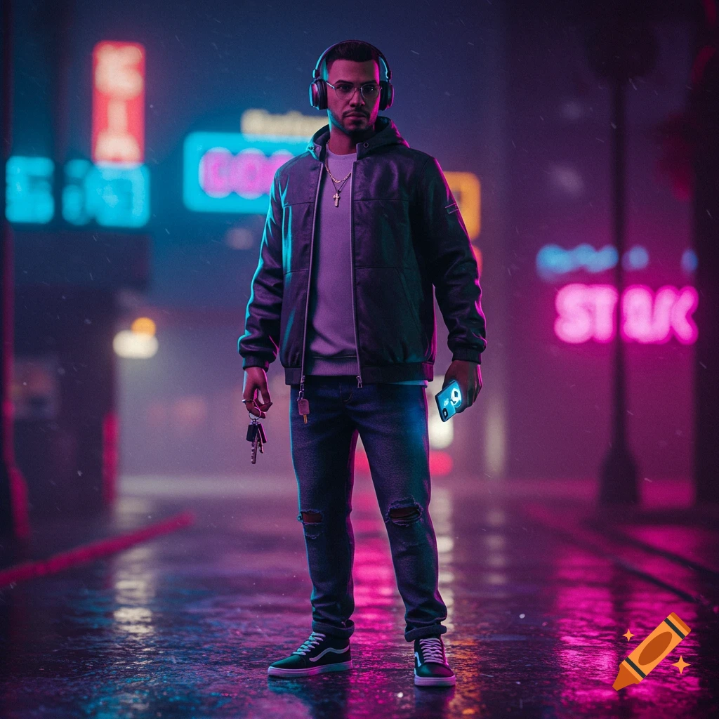 A man in casual streetwear and headphones stands on a wet, neon-lit city street at night, holding keys and a glowing phone.