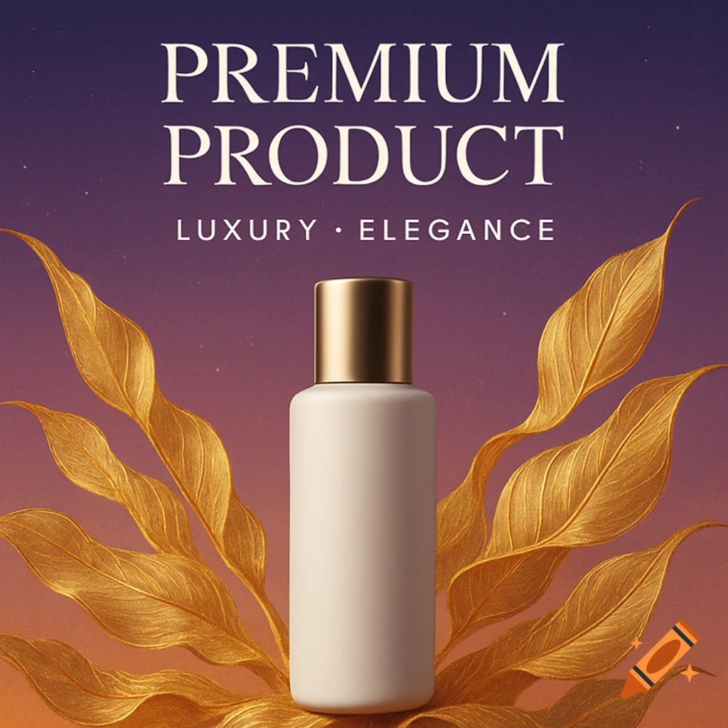White product bottle with gold cap, surrounded by golden leaves on a purple-orange background. Text: 'PREMIUM PRODUCT LUXURY • ELEGANCE'.