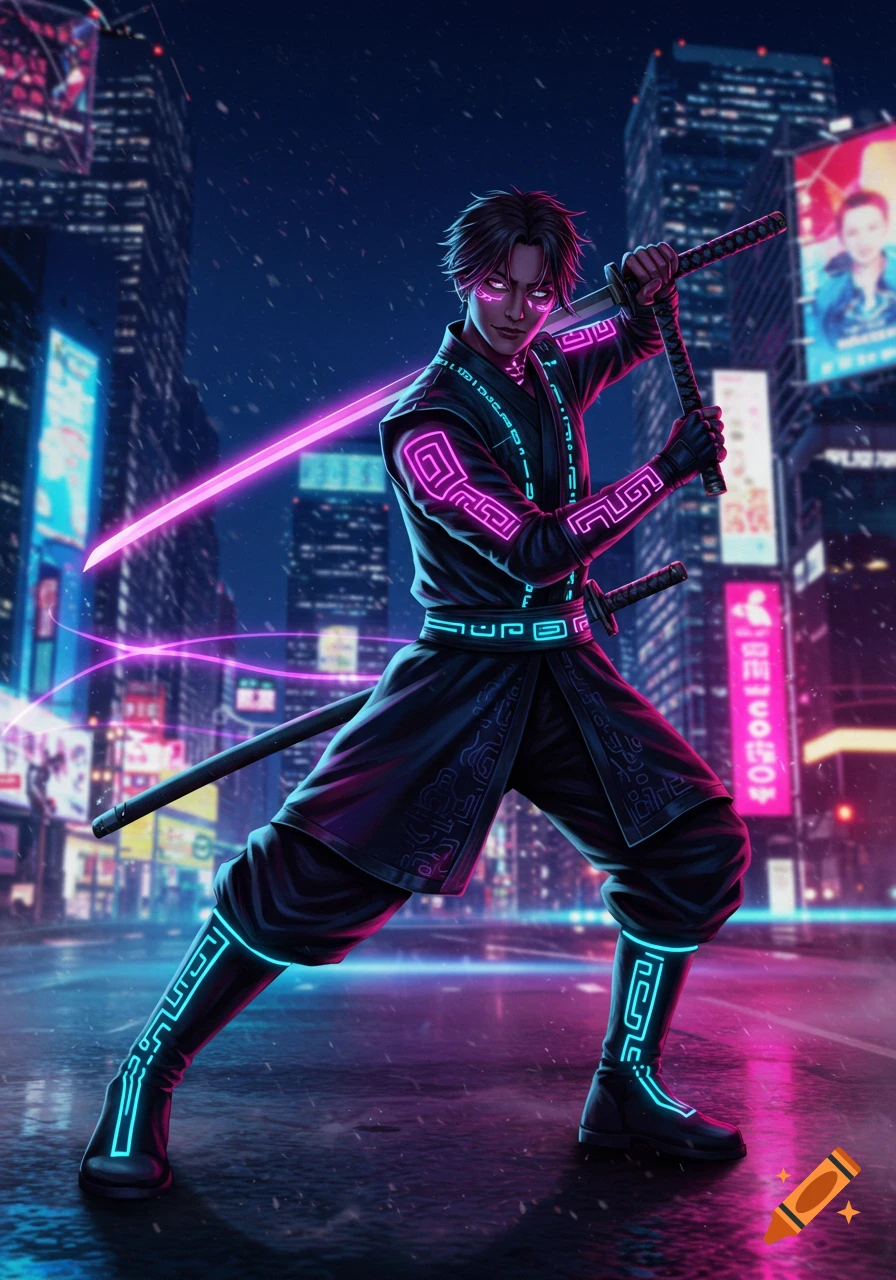 A stylish demon hunter with glowing pink and blue neon markings on his black outfit, holding two glowing katanas in a futuristic city at night. Dark hair and bright eyes.