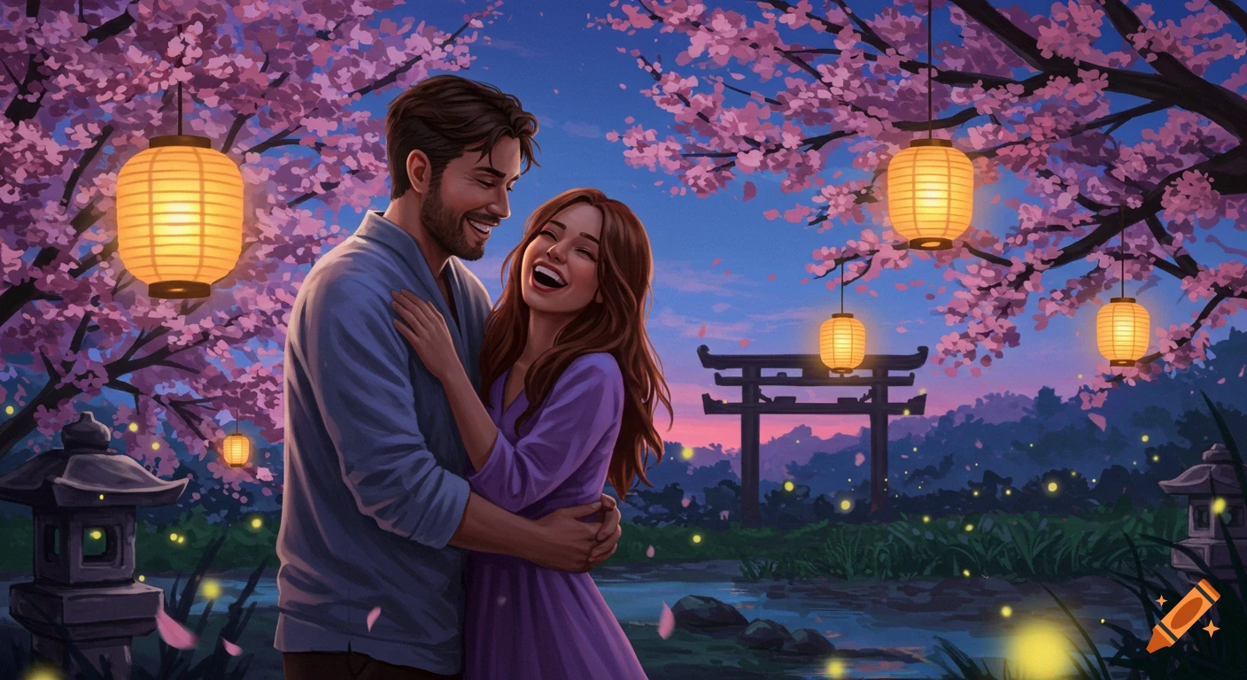 A joyful couple embraces under glowing lanterns and pink cherry blossoms at night, with a distant torii gate, in a vibrant illustration.