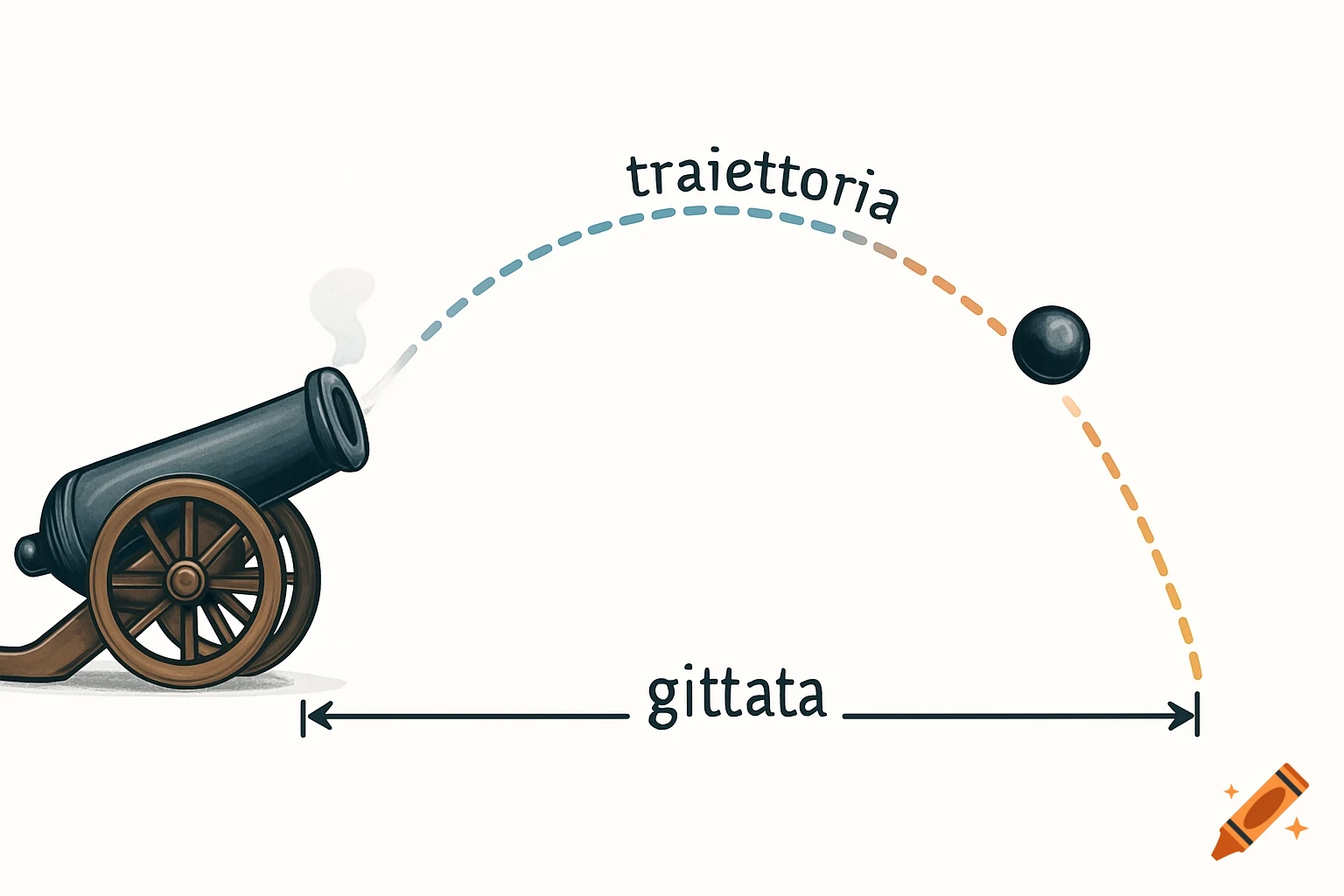 Educational illustration of a cannon firing, showing its parabolic trajectory and horizontal range labeled in Italian.