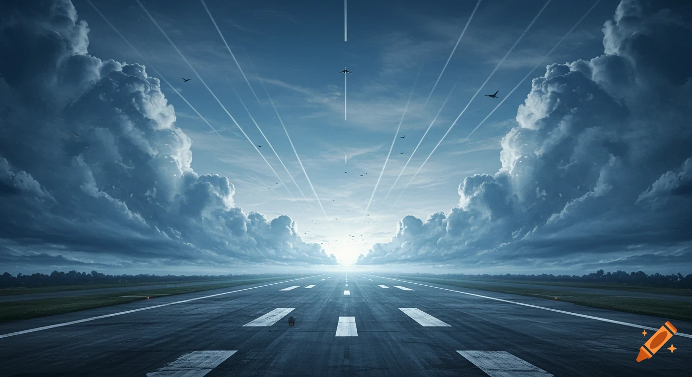 Photorealistic view of an airfield runway under a dramatic blue sky with large clouds and airplanes leaving contrails towards a bright horizon.