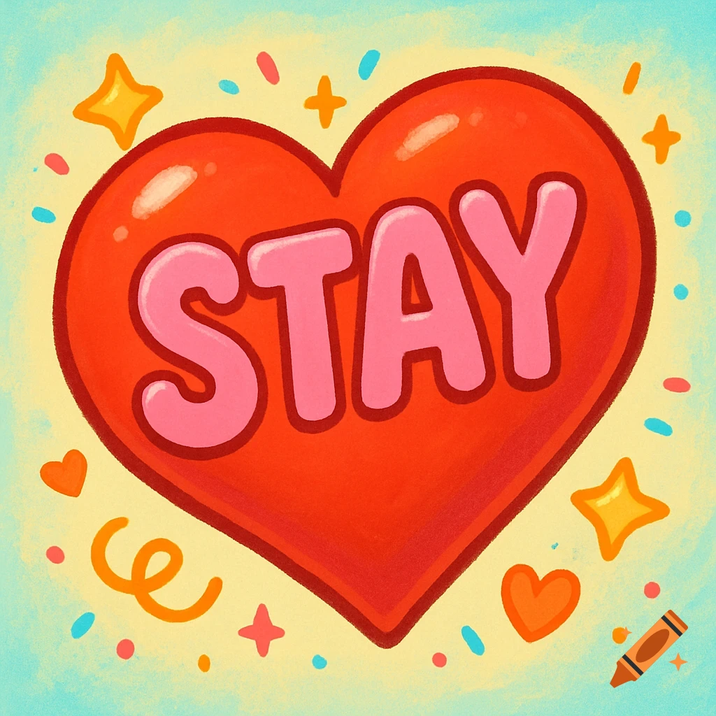A vibrant red cartoon heart with the word "STAY" in pink bubble letters, surrounded by colorful confetti and yellow sparkles, on a light blue and yellow background.