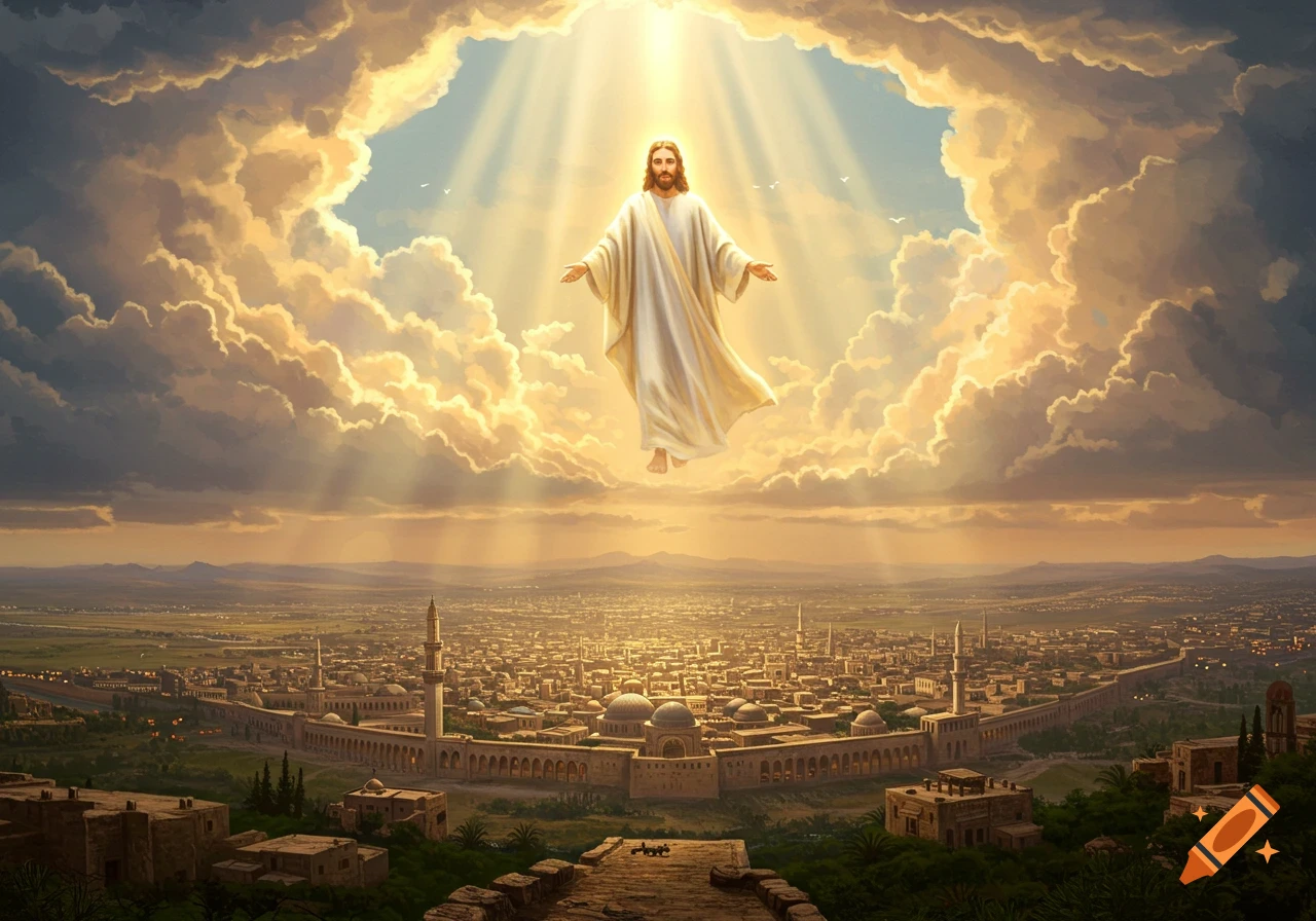 Jesus, bathed in divine light, descends from golden clouds above an ancient walled city at sunset, digital painting.
