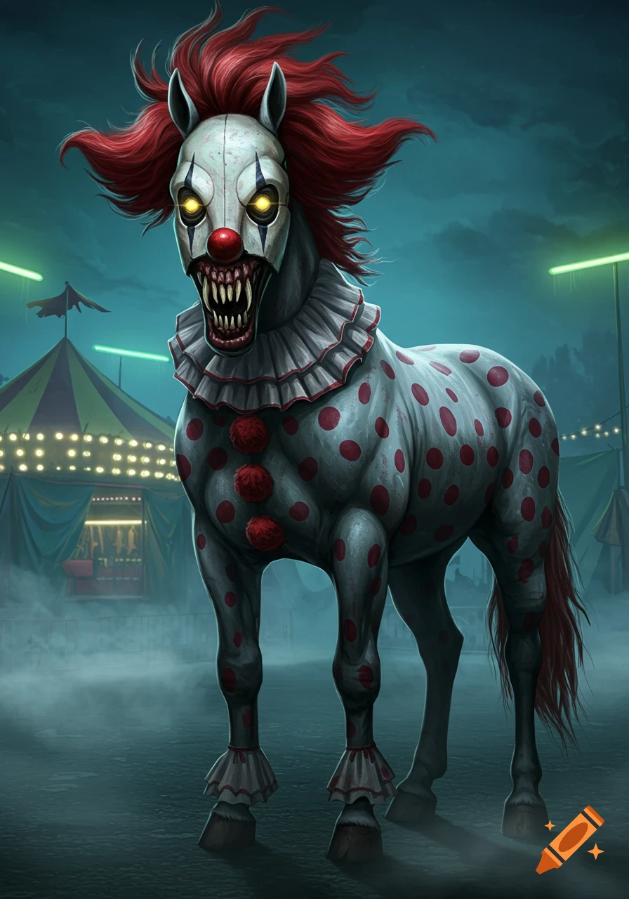A scary clown horse with glowing yellow eyes, sharp teeth, and red hair stands in a foggy, eerie carnival setting.