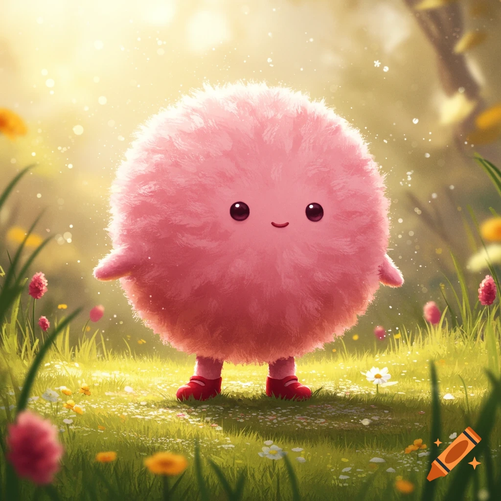 A fluffy pink puffball creature with large dark eyes, a tiny smile, small arms, and red shoes stands in a sunny, grassy field with small flowers.