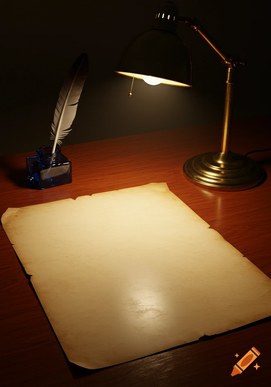 A photorealistic image of a vintage desk setup with a quill in an inkwell, a glowing desk lamp, and a blank sheet of aged paper.