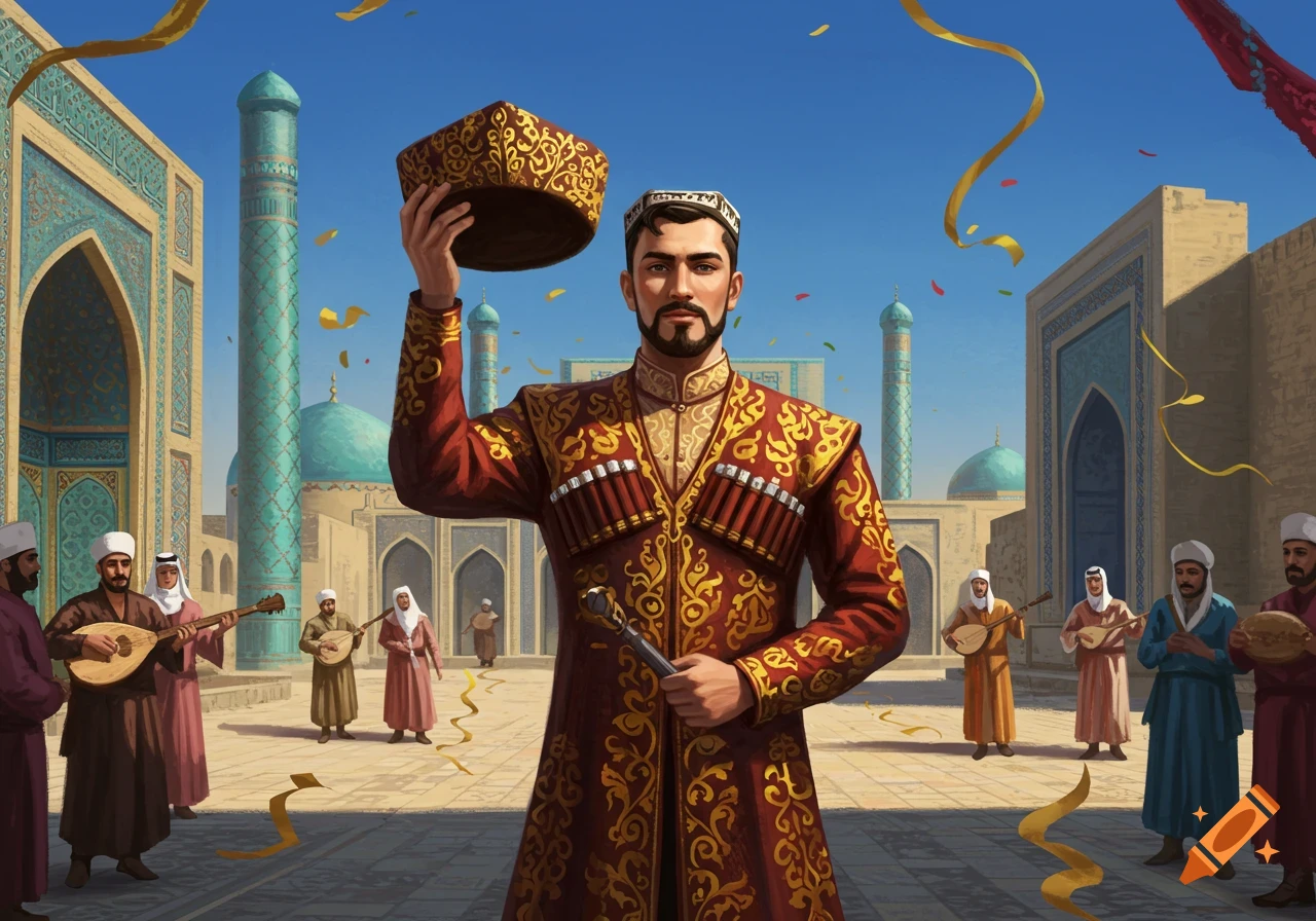 A man in ornate traditional Central Asian attire holds a hat, surrounded by musicians and ornate architecture with falling confetti.