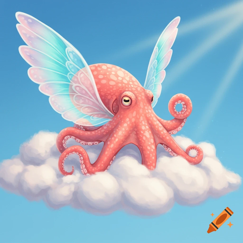 A cute, pink octopus with translucent blue and pink wings floats on a white cloud against a bright blue sky with sun rays.