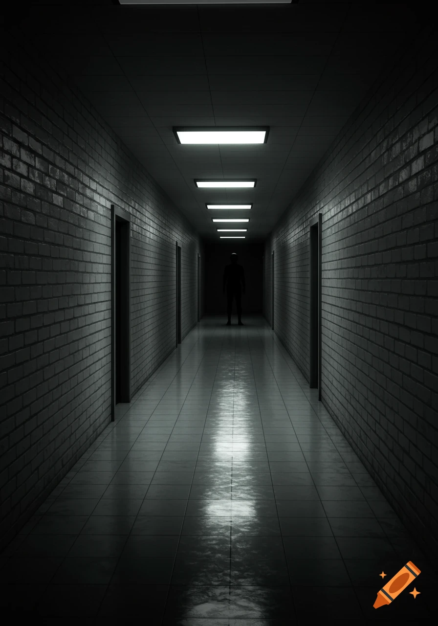 A dark, eerie hospital hallway stretches into the distance, lined with brick walls and illuminated by overhead fluorescent lights. A lone, silhouetted figure stands far down the hall.