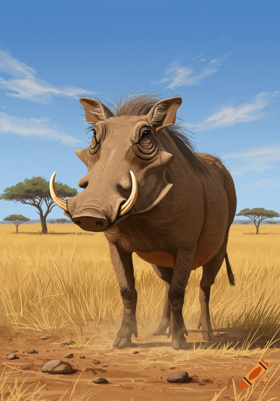 Stylized illustration of a warthog standing in a grassy savanna under a blue sky.