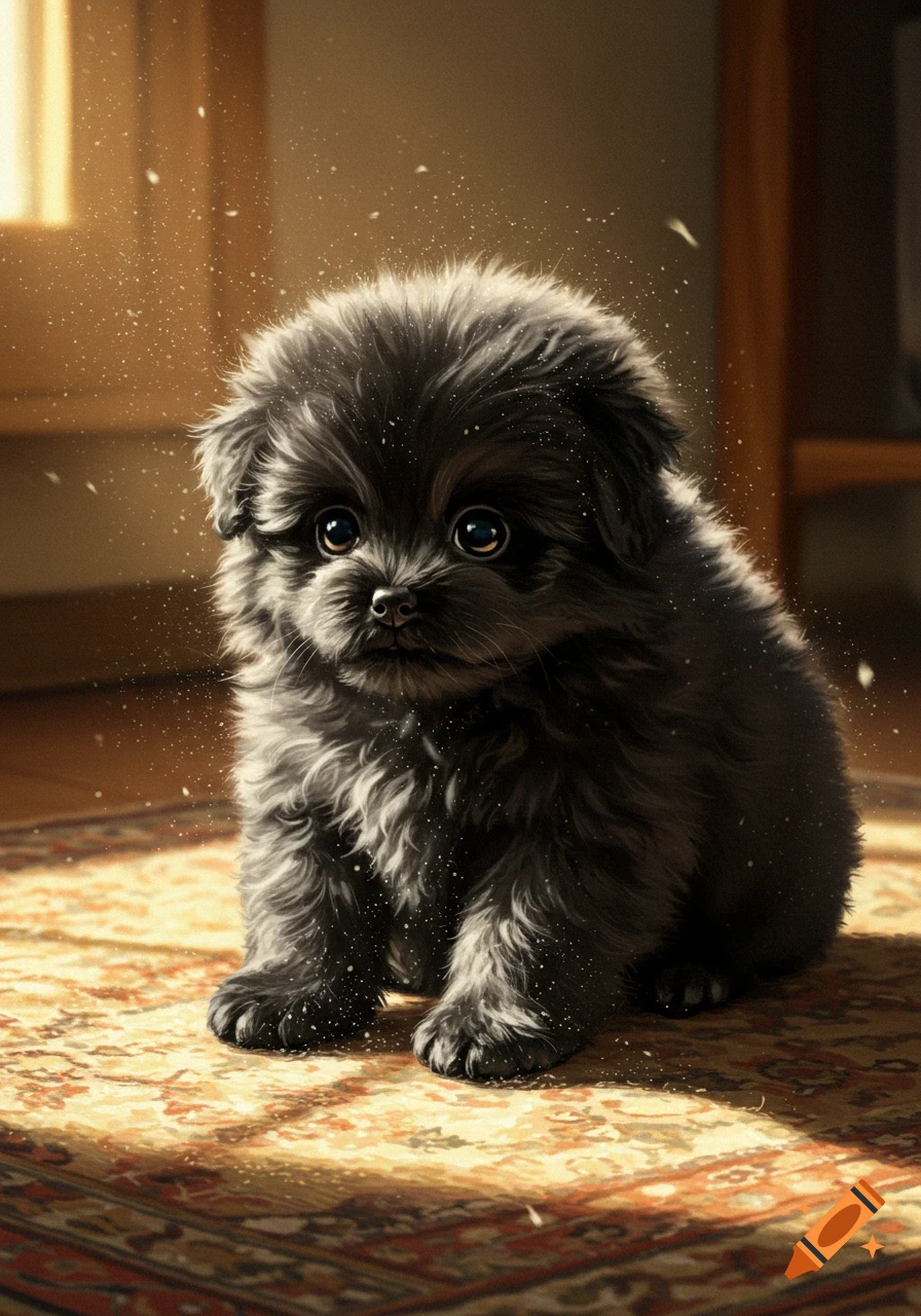 A photorealistic image of a tiny, fluffy black puppy with big eyes sitting on an ornate rug in a sunbeam.