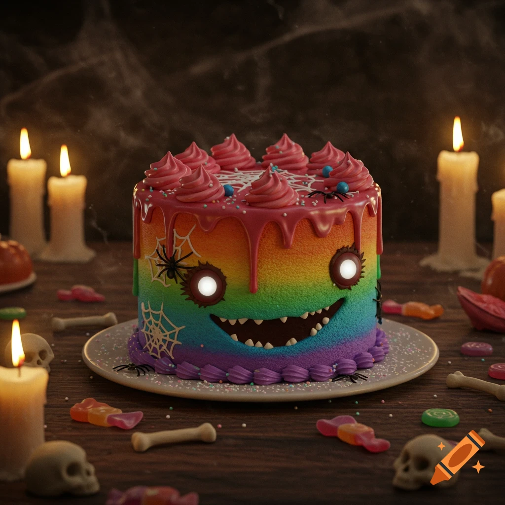 A rainbow monster Halloween cake with glowing eyes and sharp teeth, surrounded by lit candles, candy, and skull decorations on a wooden table.