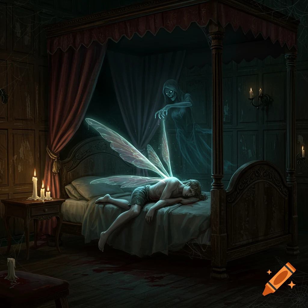 Dark fantasy art of a ghostly specter attacking an unconscious male fairy with glowing wings in a dusty, gothic bedroom.