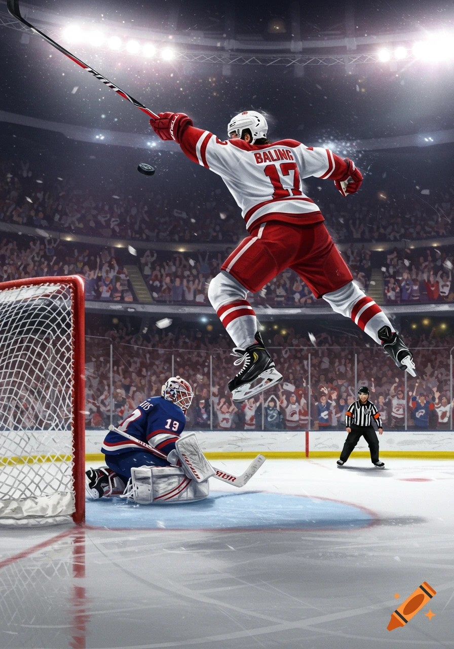 A hockey player in a red and white jersey leaps to shoot a puck towards a goalie in blue, on an ice rink in a stadium.