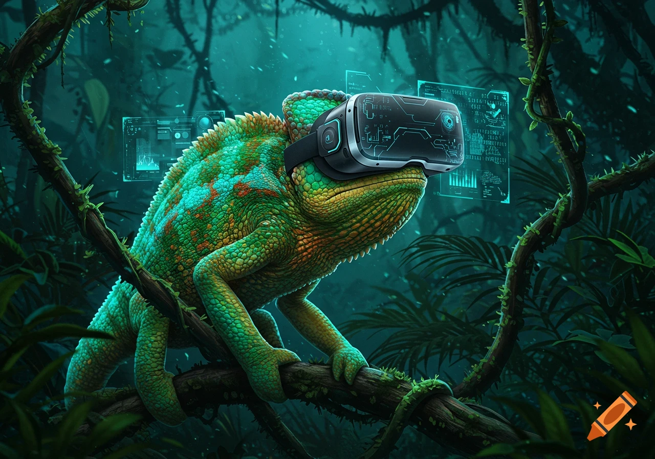 A vibrant green chameleon with orange markings wears a VR headset, perched on a mossy branch in a dark, lush jungle with holographic displays.