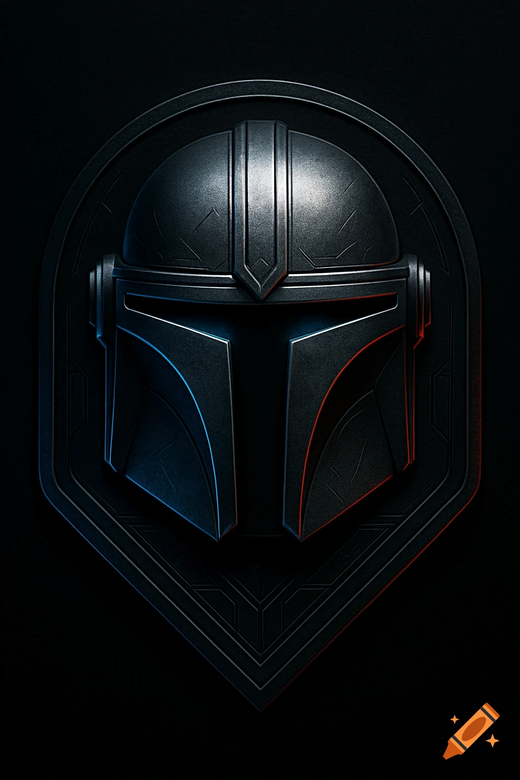 A dark, metallic Mandalorian helmet emblem with subtle blue and red light accents on a textured black background.