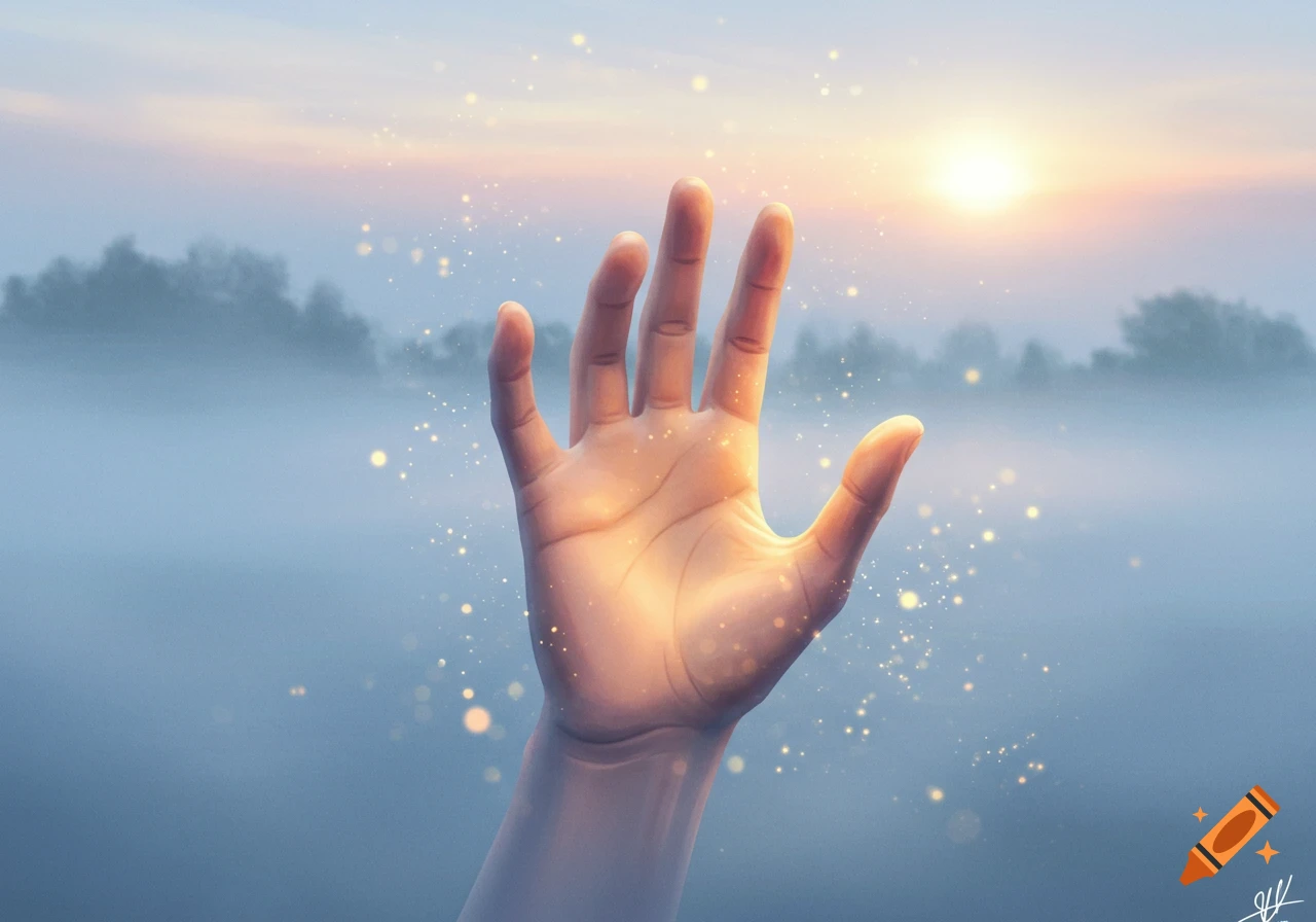 A hand reaches up into a misty, golden sunset with sparkling lights in a digital painting style.