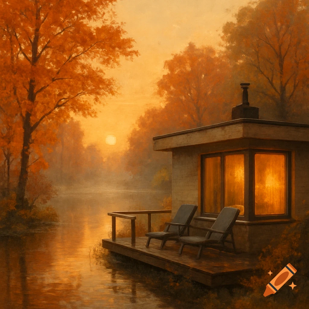A painterly autumn landscape with a modern cabin and deck beside a calm lake, surrounded by orange trees at sunset.