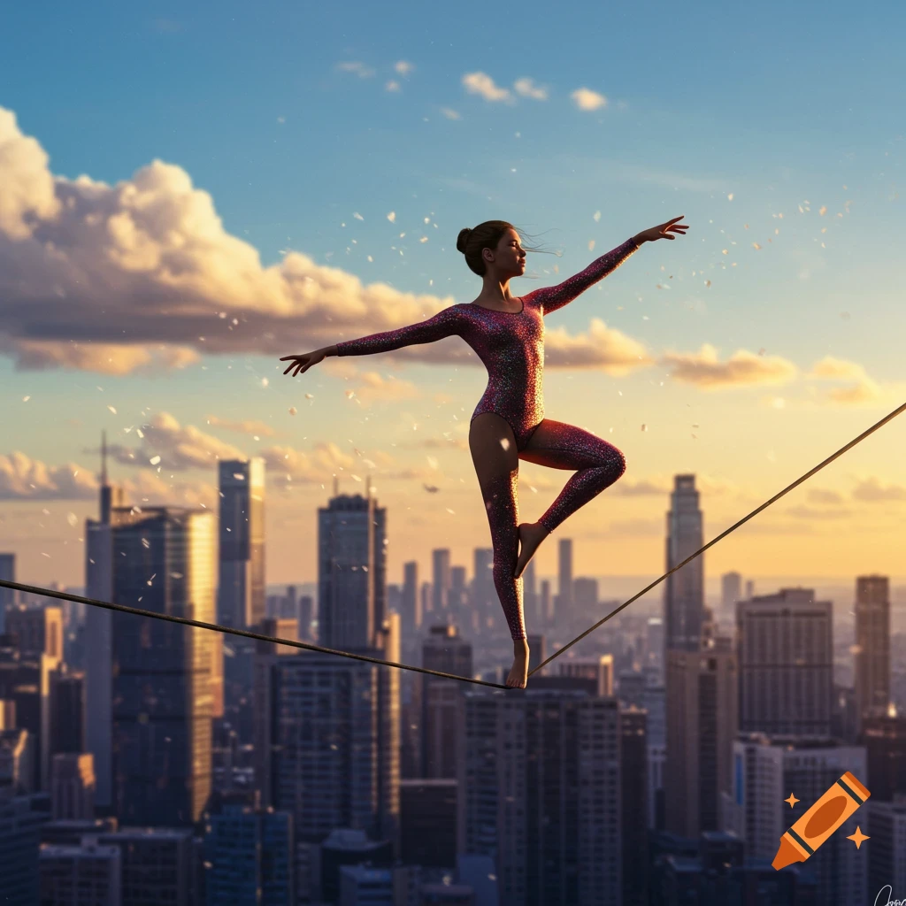 A female gymnast in a sparkling leotard balances on a tightrope high above a city skyline at sunset.