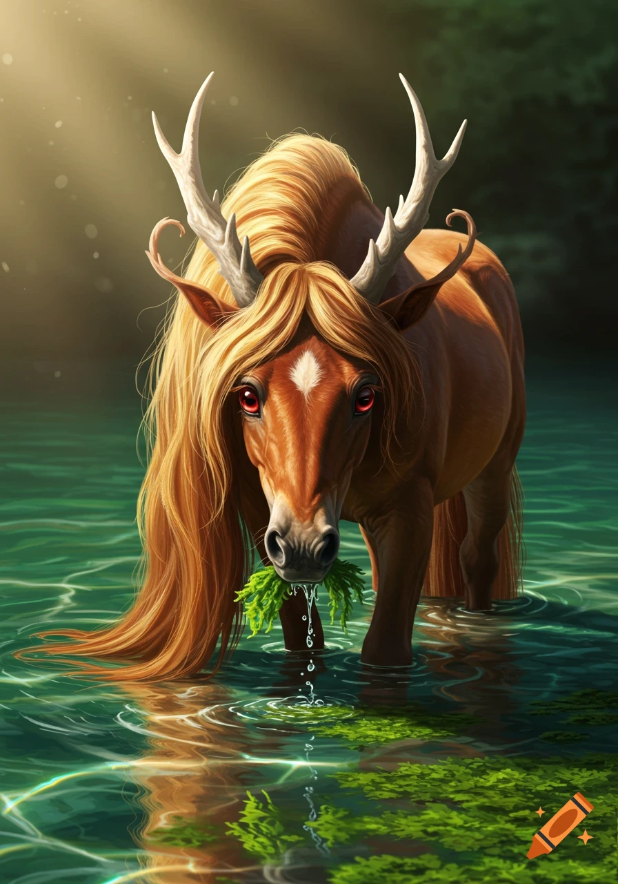 Photorealistic fantasy illustration of a brown horse-like creature with a long blonde mane, horns, and glowing red eyes, standing in clear water and eating green plants.
