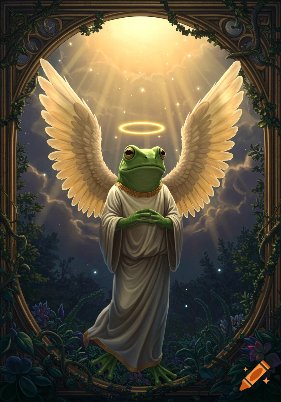 A regal green frog with white feathered wings and a golden halo, wearing white robes, stands under sunbeams in an ornate archway with foliage.